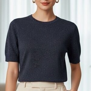 AKRIS Navy Blue Linen Blend Sequin‎ Embellished Short Sleeve Knit Top Sz 6